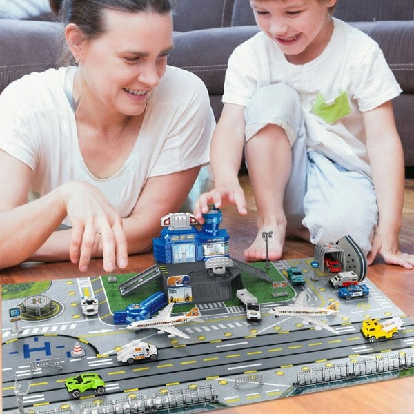 deAO Toys Aircraft Track Toy Aircraft Toy Set Includes Truck, Helicopter, Plane, Fire Truck, Racing Car and Airport Play Map