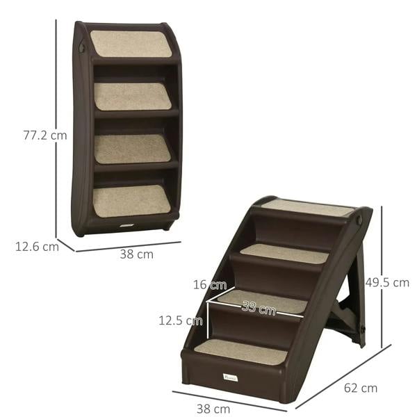 Brown foldable four-step pet stairs with beige non-slip treads, shown with dimensions