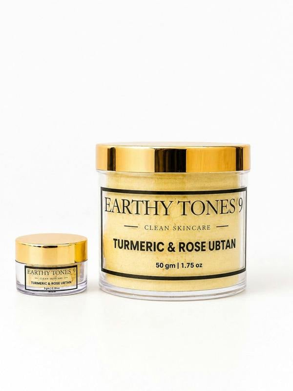 Earthy Tones 9 Turmeric & Rose Ubtan two jars of 50g & 5g on a white background.