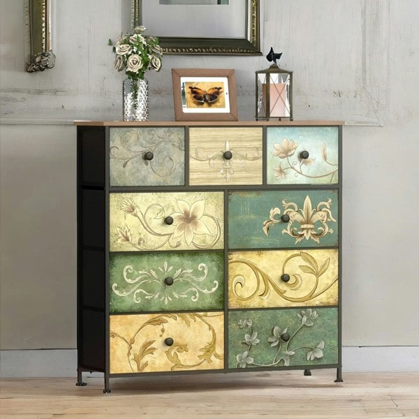 Rafaelo Mobilia 9 Fabric Drawer Bedroom Dresser With Floral Patterns Storage Organiser Rustic Brown
