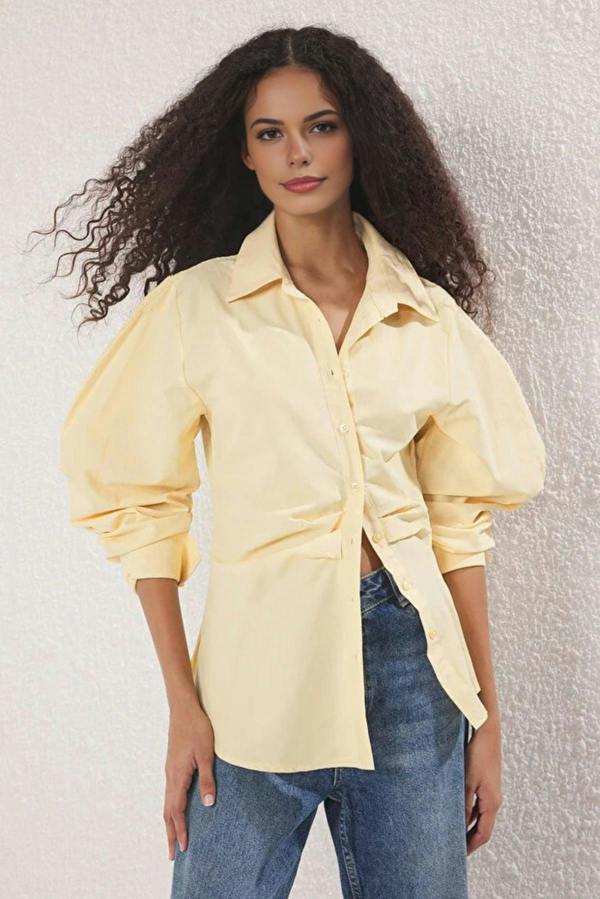 WOVCOR Asymmetrical Shirt with Balloon Sleeve Detail