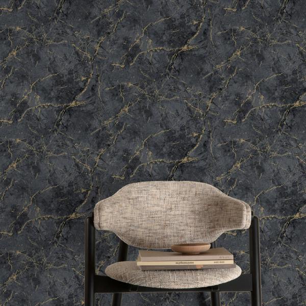 Grandeco Thassos Golden Thread Marble Textured Wallpaper, Black Ash
