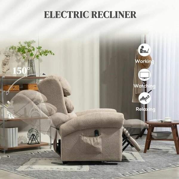 Velvet-Feel Electric Riser Recliner Chair - Khaki