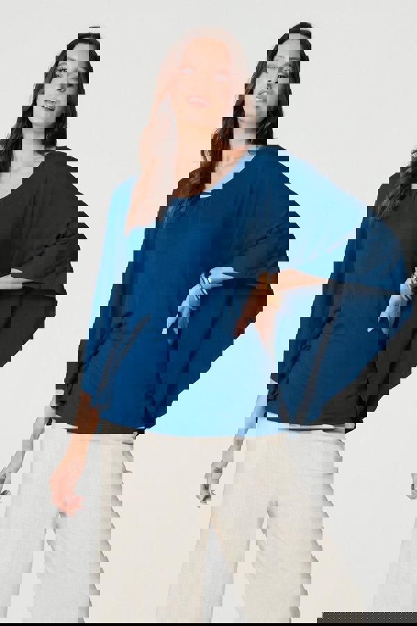 Blue | Plain Round Neck 3/4 Batwing Top