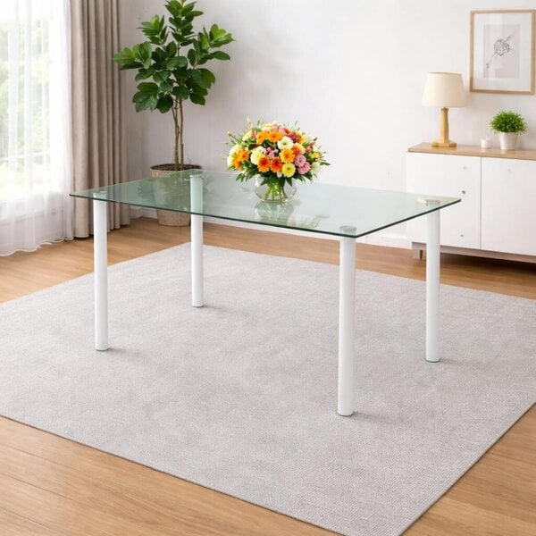 Kosy Koala Modern Clear Glass Dining Table Set With 4 Cream Plastic Chairs Dining Room Furniture