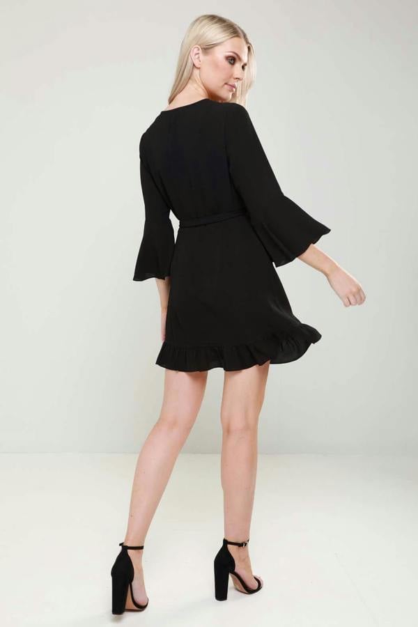 Urban Bliss Nicole Black Wrap Flute Sleeve Embroidered Mini Dress