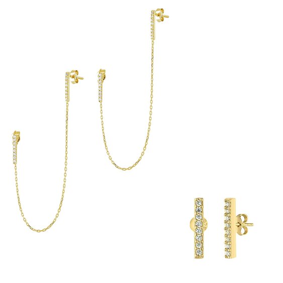 Spero London Chained Bar Chain and Bar Earring Set in Sterling Silver - Pair - Gold