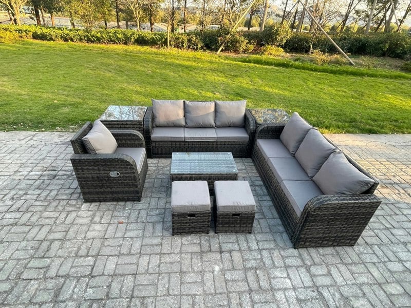 Fimous 9 Seater Dark Grey Mixed Rattan Outdoor Lounge Set - Rectangular Coffee Table, 3-Seater Sofa, 2 Footstools & 2 Side Tables