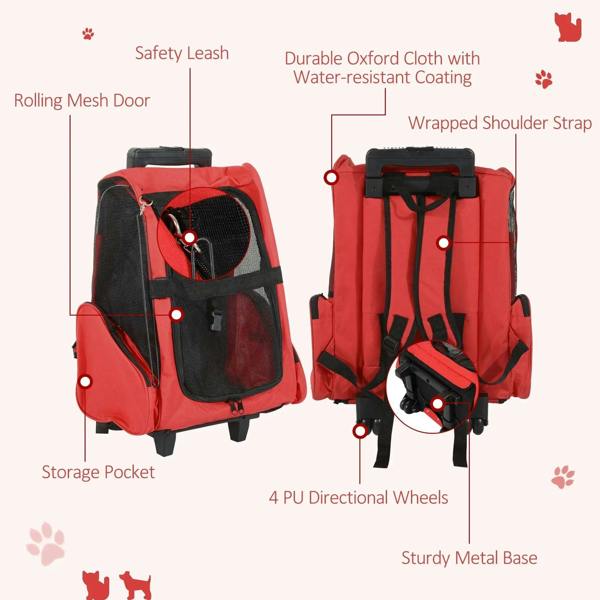 Red pet rolling backpack carrier with mesh door, safety leash, and storage pocket