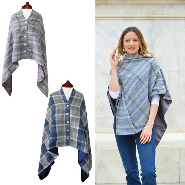 Earth Squared Tweed Wrap – Wool Blend Cape with Satin Lining & Button Fastening