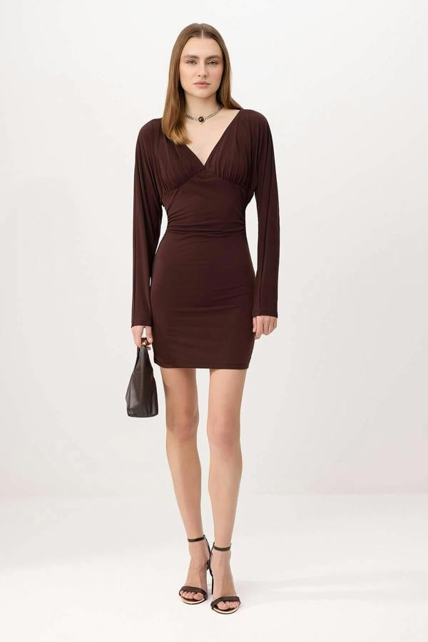 WOVCOR V Neck Long Sleeve Ruched Mini Bodycon Dress