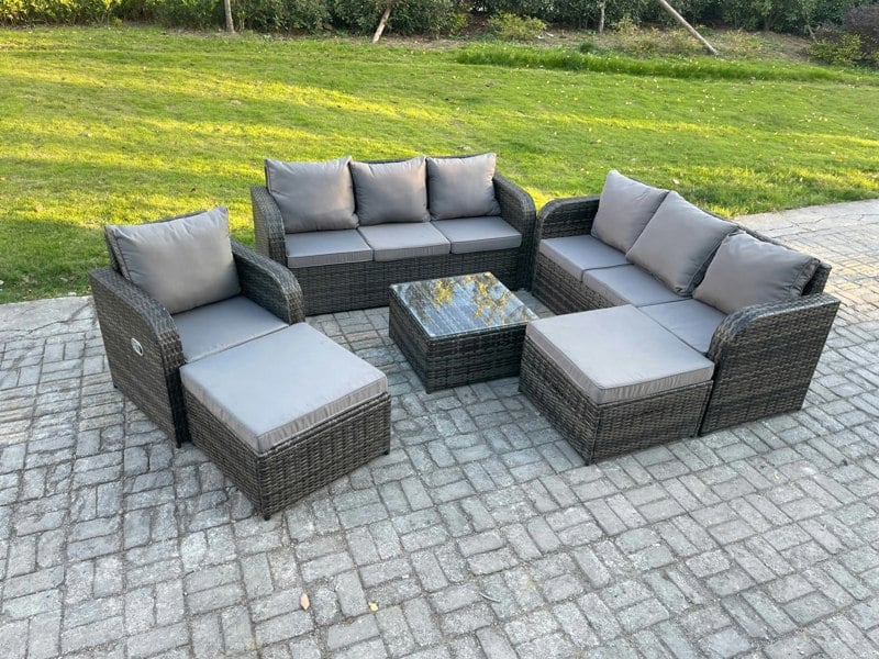Fimous 9 Seater Outdoor Rattan Garden Furniture Set Conservatory Patio Sofa Coffee Table With 2 Big Footstool Dark Grey Mixed