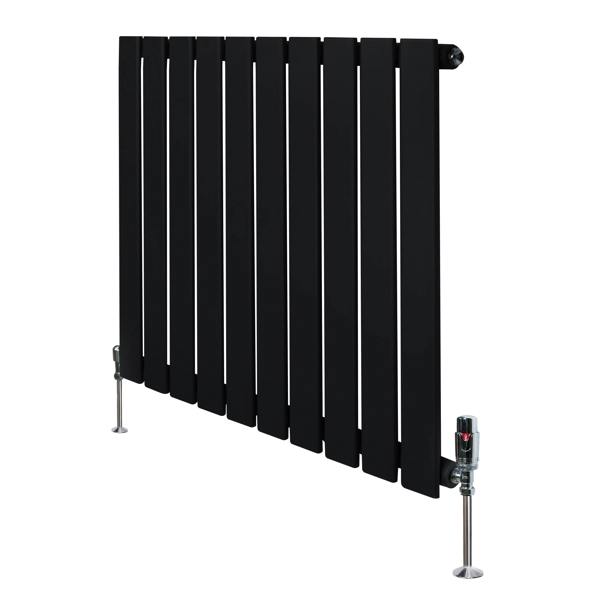 Flat black single column radiator with sleek vertical slats and valves, measuring 600mm x 700mm, ideal for modern interiors