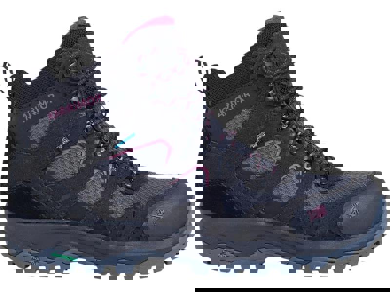 Karrimor Bodmin Mid 6 Womens Walking Hiking Trekking Boots, black and grey outdoor hiking boots with pink accents and durable sole for trekking.