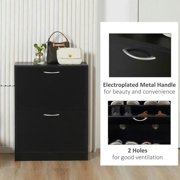 Black shoe cabinet with electroplated metal handle and two flip drawers for shoe storage