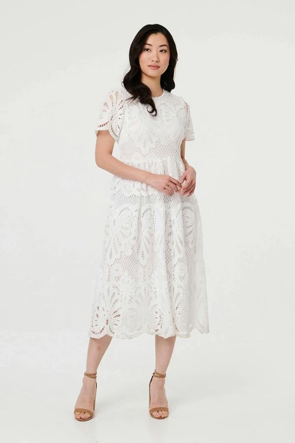 White | Semi Sheer Lace Layered Midi Dress