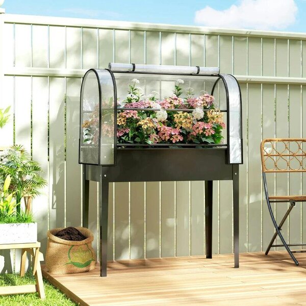 Raised Planter with Flip-Up Greenhouse Cover, Metal Raised Garden Bed on Legs with Drainage Hole, Black - Black