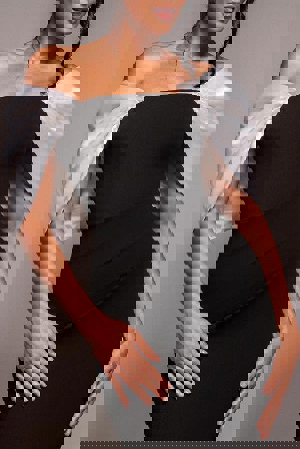 Contrast Off Shoulder Back Satin Bow Scuba Maxi Dress - Black Cream DR4708CONTRAST