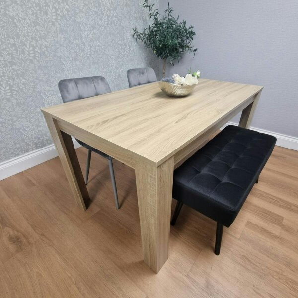 Kosy Koala Dining Table Set Oak Effect Table With 2 Grey Velvet Dining Chairs And 1 Black Bench