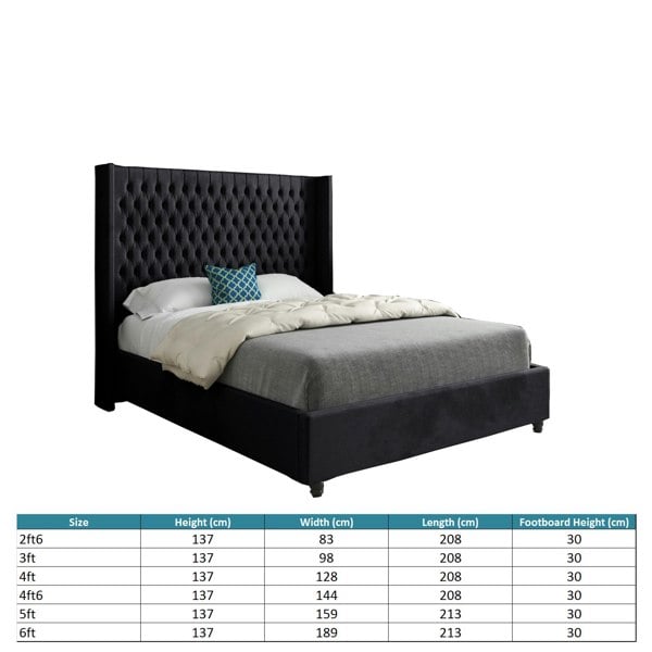 Casa Magna Volta Straight Winged Upholstered Soft Velvet Bed Frame - Black