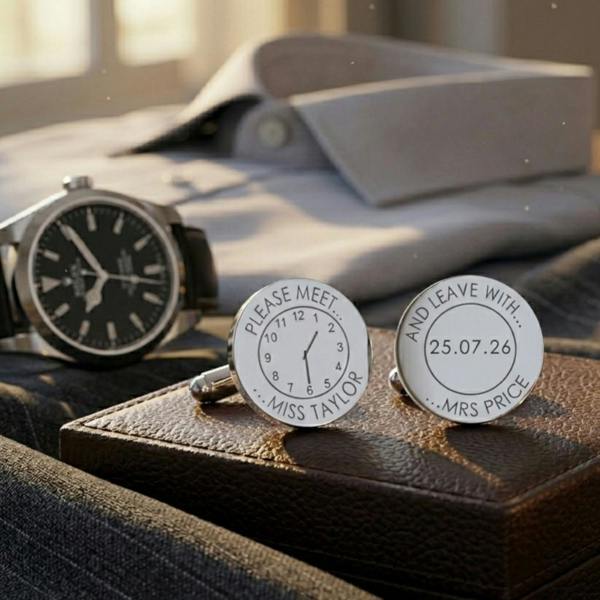 A pair of personalised round rhodium-plated wedding cufflinks engraved with a ceremony clock face and wedding date, resting elegantly on a brown leather watch box next to a luxury dress shirt and watch.