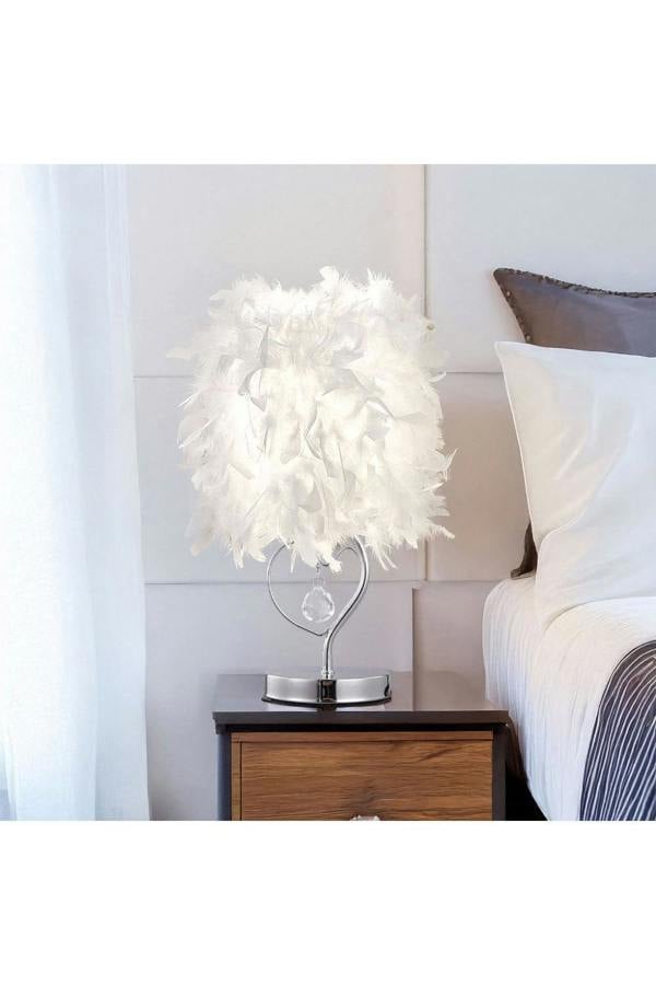 E27 Modern White Feather Lampshade Table Lamp Bedside Fixture Decor - Warm Light