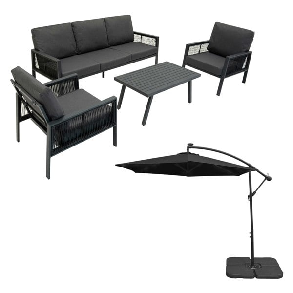 Anthracite 4 piece sofa set featuring black cushions, a matching table, and a black parasol with a sturdy base for outdoor relaxation