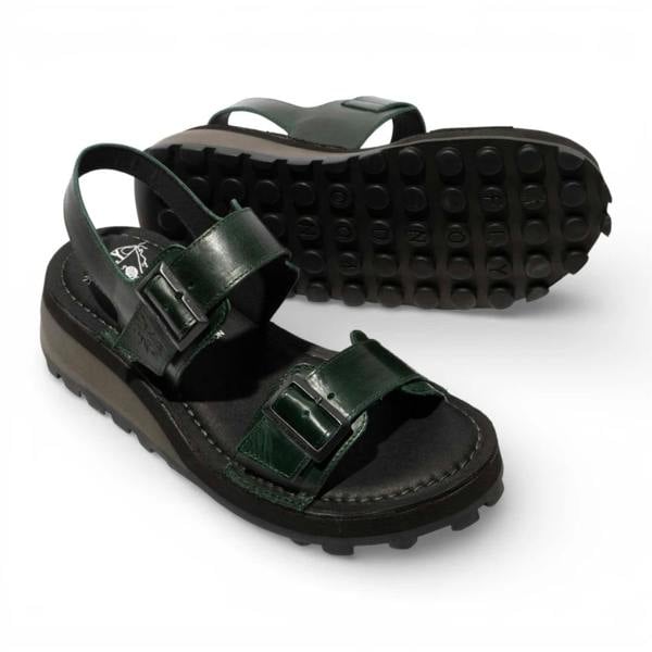 Fly London HEIF558FLY - Women’s Green Leather Wedge Buckle Sandals