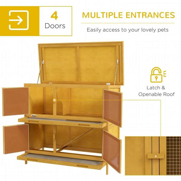 Yellow two-tier rabbit hutch with open access roof and multiple latch doors