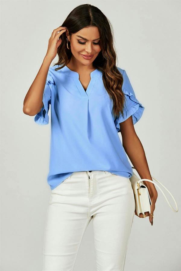 FS Collection Frill Trim Detail Short Sleeve Blouse Top In Light Blue