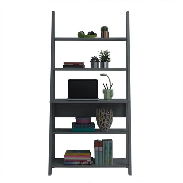 Timber Art Design Riva Ladder Bookcase with 5 Tier Shelves & Overhanging Desk Shelf