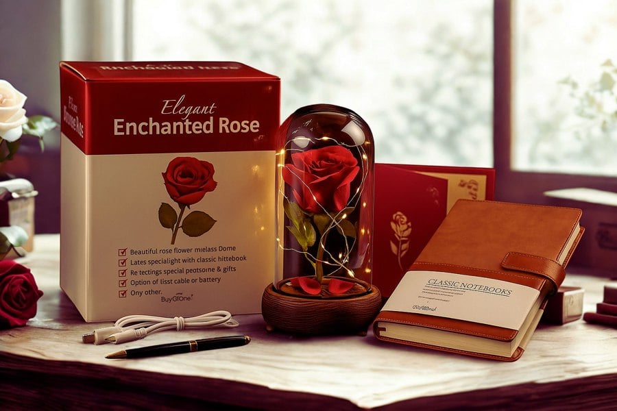 smartbies Enchanted Rose in Glass Gift set With Notebook USB Cable or Battery Powered