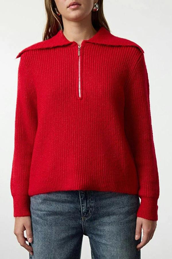 WOVCOR Oversize Polo Collar Knit Sweater with  Zipper Detail