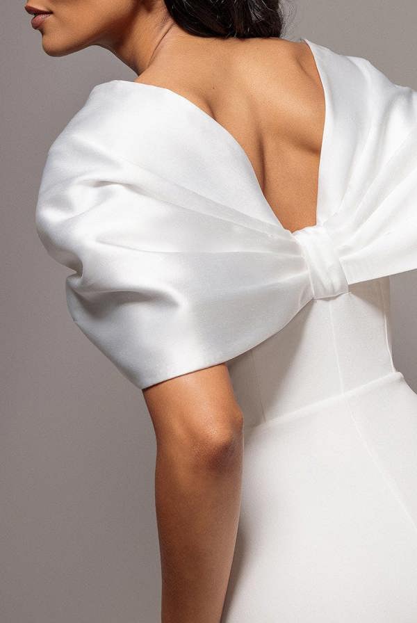 Off Shoulder Back Satin Bow Scuba Maxi Dress - White DR4708