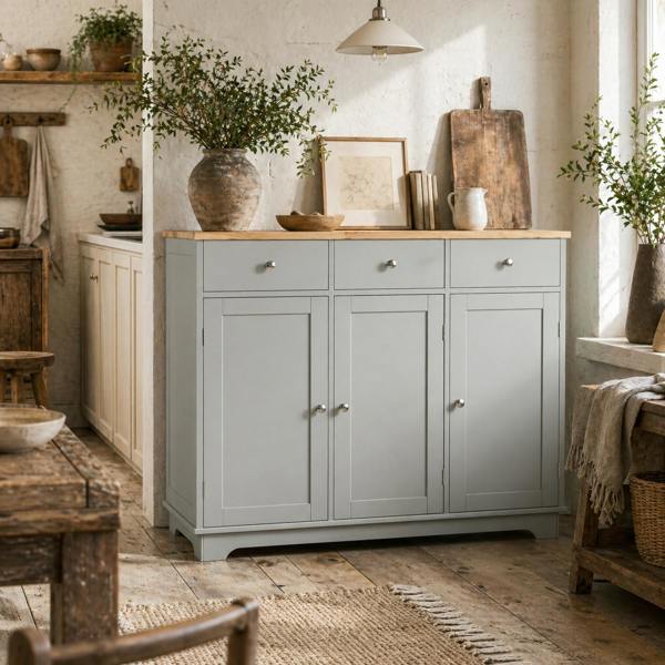 Wyld Haus Totoro Grey Sideboard With Natural Top 3 Doors 3 Drawers 3 Shelves