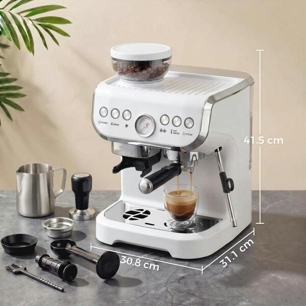 15 Bar Coffee Machine, with Adjustable Grind, Steamer and Accessories - White