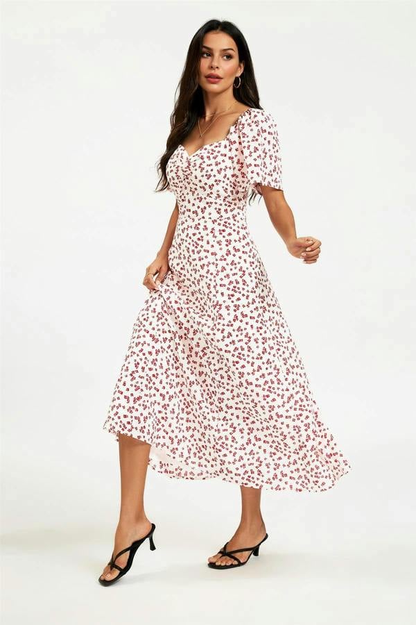FS Collection Floral Print Angel Sleeve Heart Neckline Midi Dress In White