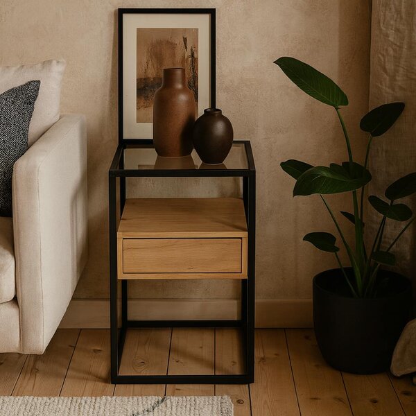 Wyld Haus Wrenna Black and Natural Oak Effect Square Bedside Table 1 Drawer Glass Top