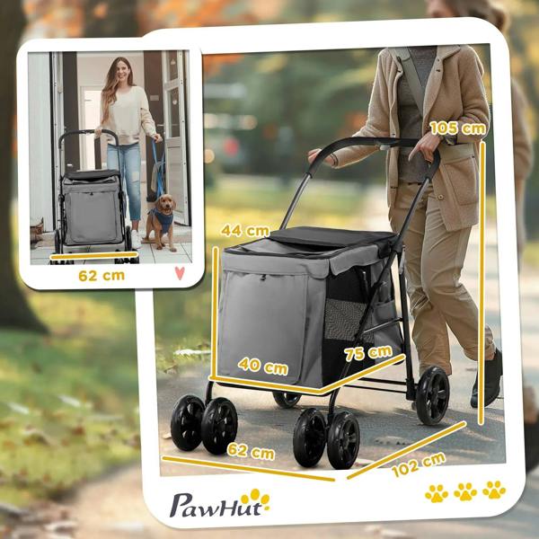 Grey pet pushchair with canopy and mesh sides; shown with size measurements