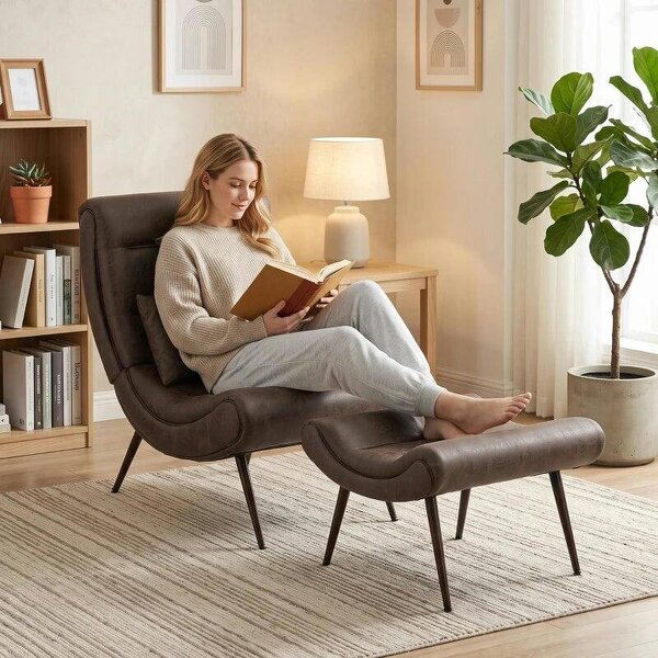 Modern Accent Chair with Footstool, Upholstered Lounge Chair with 64cm Wide Seat, Lumbar Pillow, Trapezoidal Backrest