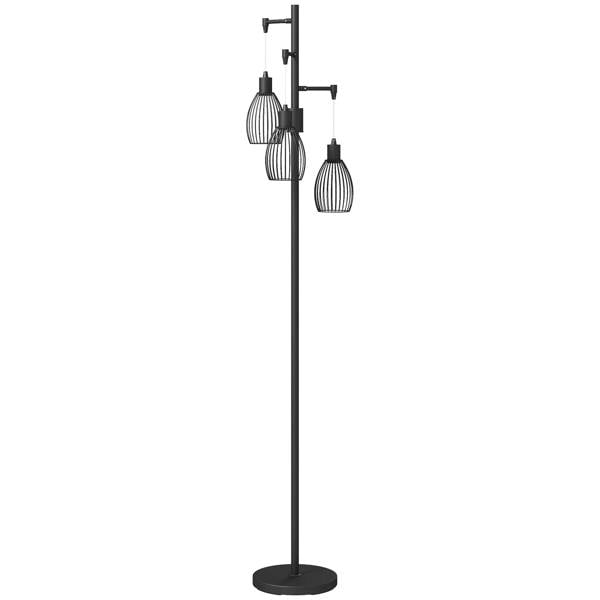 Black 3-light LED floor lamp with steel wire cage shades and round base