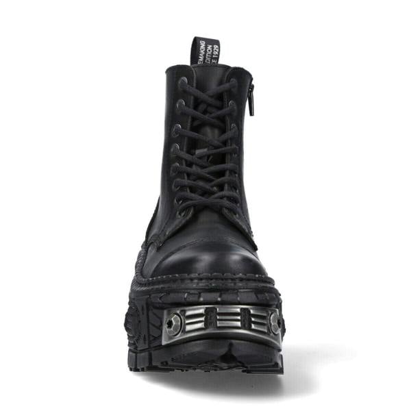 New Rock Metallic Black Leather Boots-WALL083C-S4