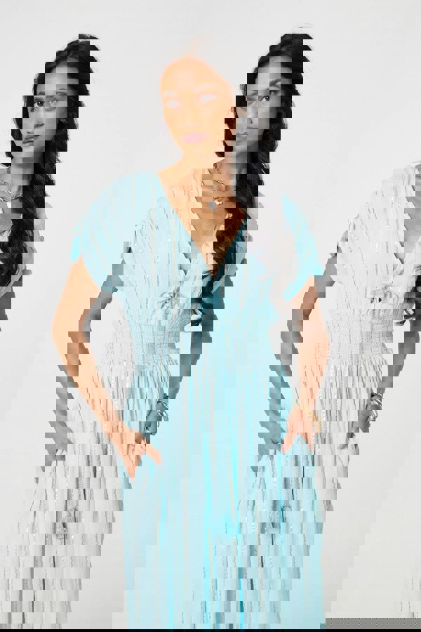 Light Blue | Striped Cap Sleeve Empire Maxi Dress