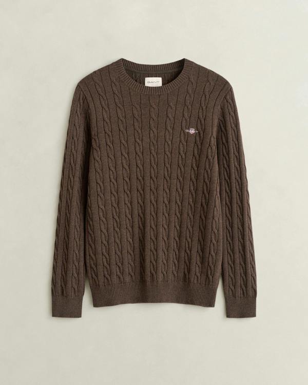 GANT Mens Cotton Cable Knit Crew Neck Jumper - 284 Black Brown Melange | CHO | Designer Mens Jumpers