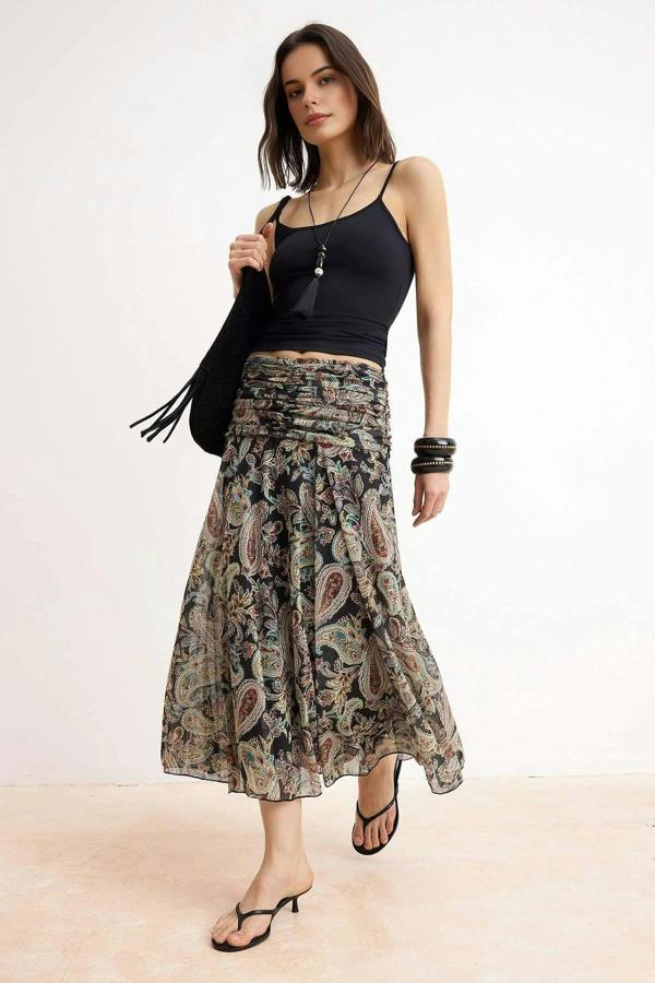 WOVCOR Maxi Gathered Boho Chic Printed Tulle Stretch Knit Skirt