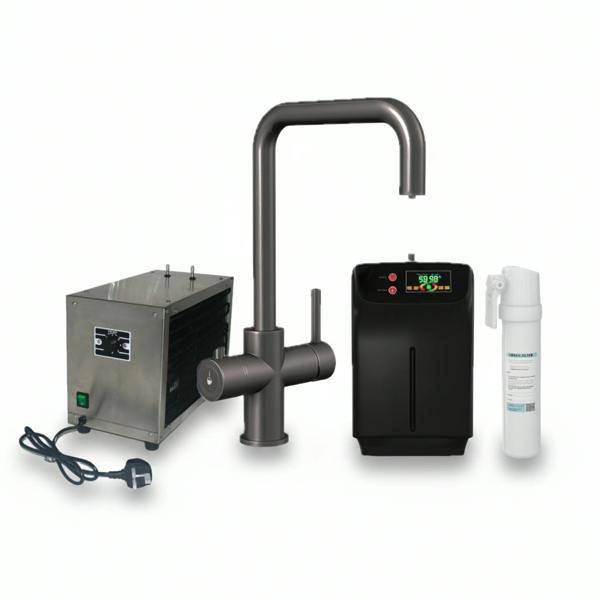 Gun metal grey kitchen boiling water tap on a white background with boiler, chiller unit and carbon filter