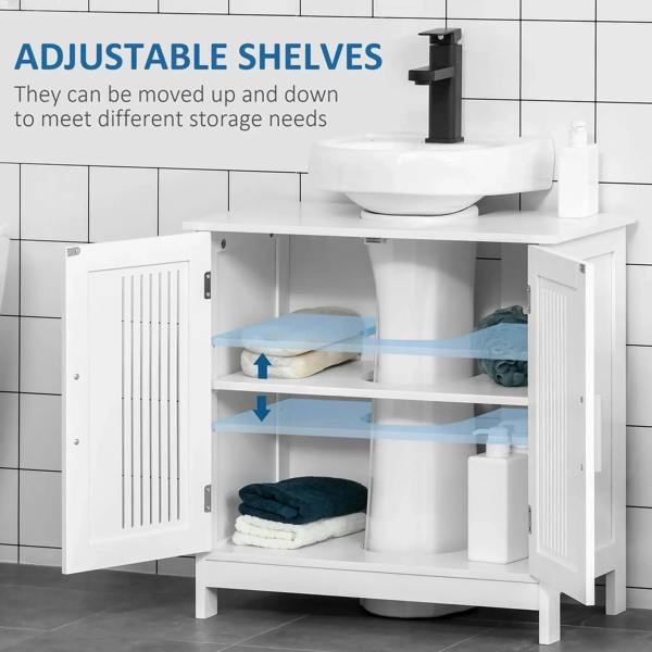 White under sink cabinet with adjustable shelves and open storage compartment
