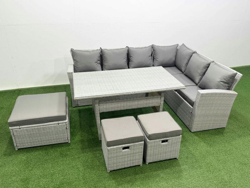 Fimous Rattan Garden Furniture Set Outdoor 9 Seater Patio Dining Corner Sofa Sets with Dining Table 3 Footstools Light Grey Mixed