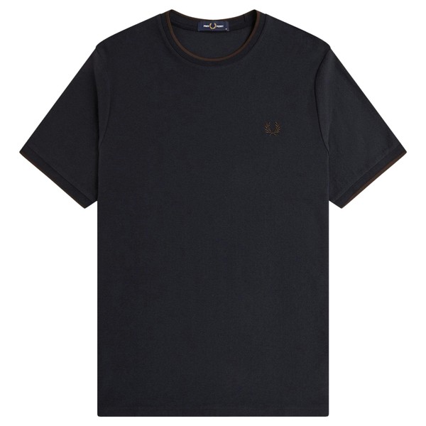 Fred Perry Trim Detail Crepe Piqué T-Shirt - Navy/Rich Brown