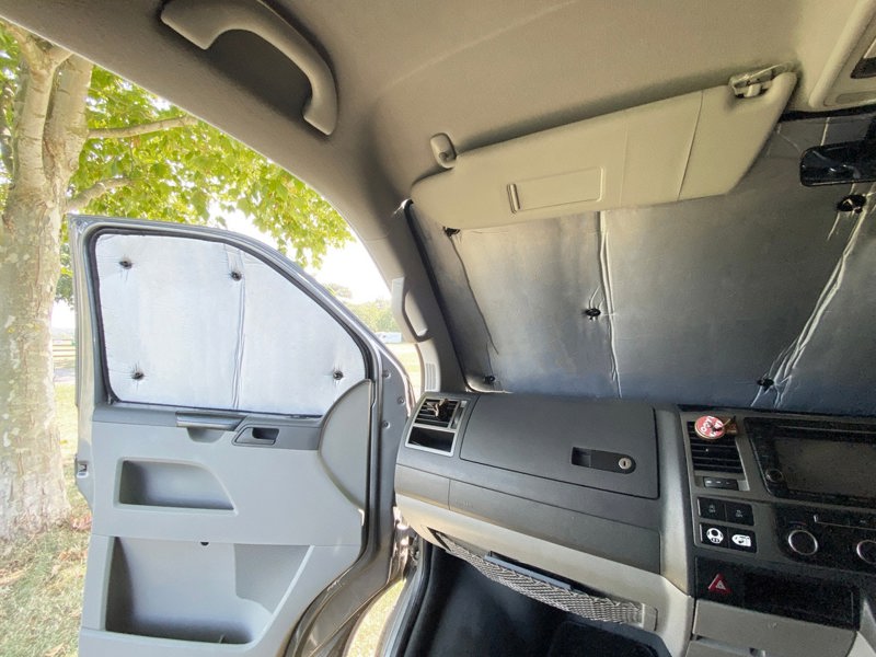 Internal image of the Blackout Insulated Blind Set  showing the side window for VW T5/T6 Campervans OLPRO